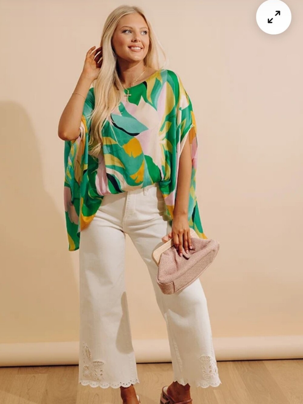KLD Shades of Paradise Caftan Top L Green Floral Chiffon Oversized NWT